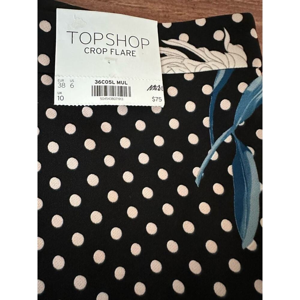 NWT Topshop Black Polka Dot Crop Flare Pants with Pink Floral Print 6 - Picture 5 of 7